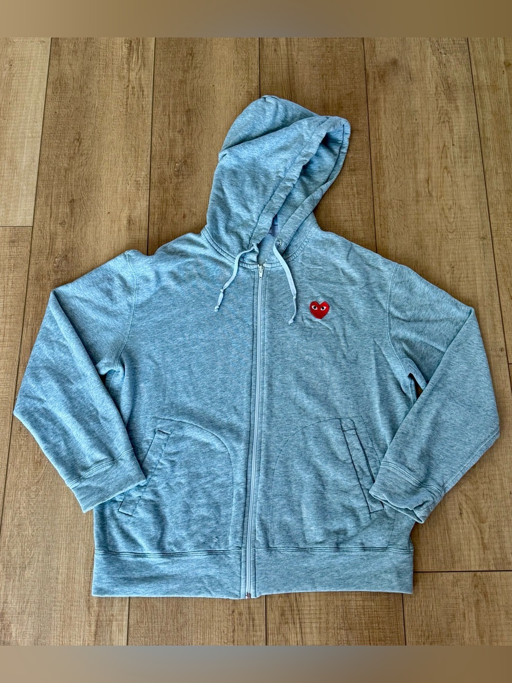 Comme des Garçons PLAY Full Zip Hoodie XL Gray Red Heart Logo Made in Japan